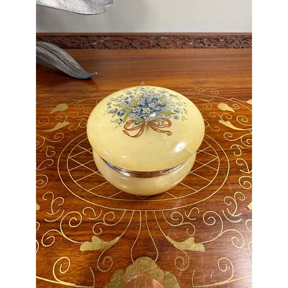 Vintage Alabaster Trinket Box • Forget-Me-Not Floral Stone Jewelry Box